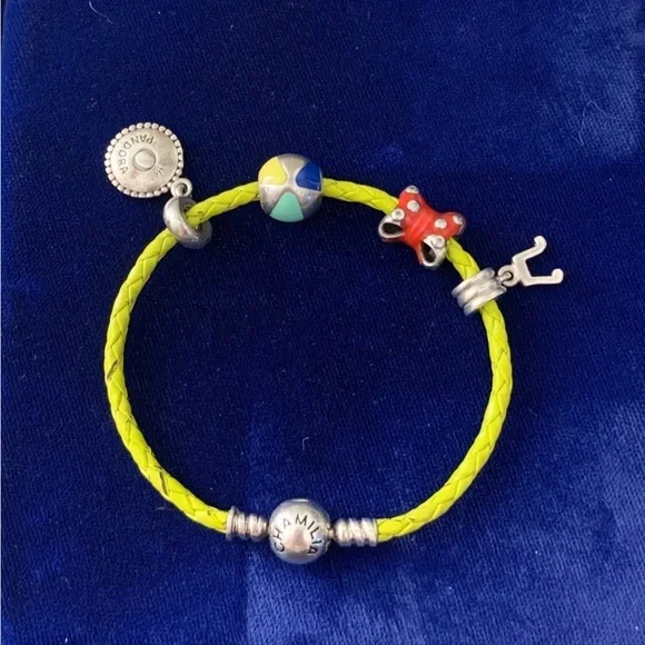 Authentic CHAMILIA 7” Lime Green Leather Bracelet with Four Charms